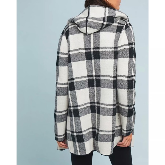 Anthropologie Field Flower Plaid Hooded Wool Cardigan Black White Women's XS - Picture 2 of 9